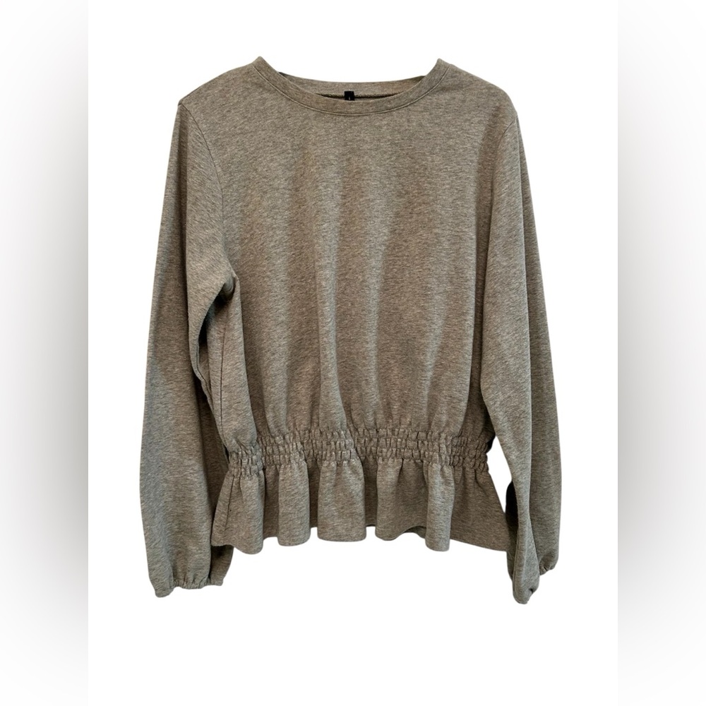 Gray Peplum Sweater Balloon Sleeves Silver Threading Sz. XL